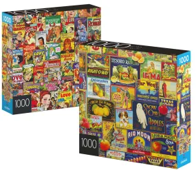 2-Pack of 1000-Piece Jigsaw Puzzles, for Adults, Families, and Kids Ages 8 and up, Retro Comics and Fruit Labels