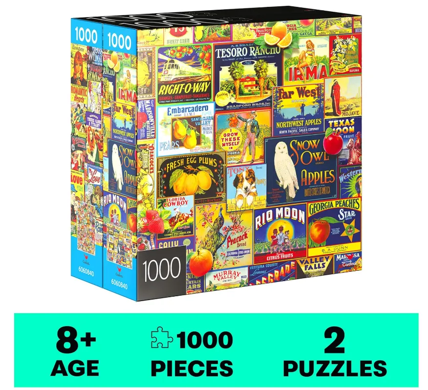 2-Pack of 1000-Piece Jigsaw Puzzles, for Adults, Families, and Kids Ages 8 and up, Retro Comics and Fruit Labels