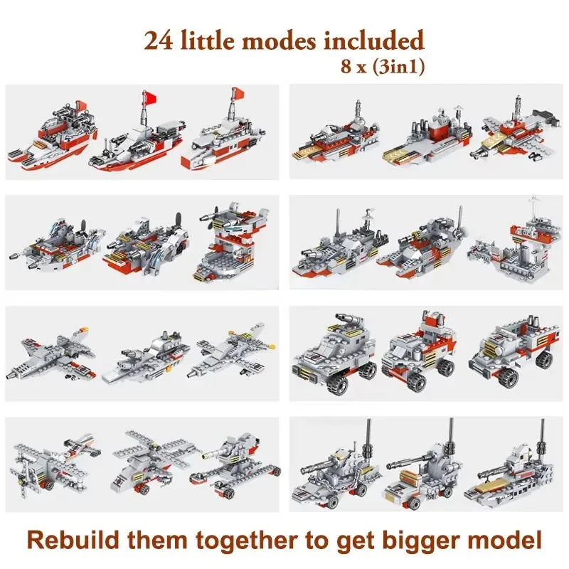 8 in 1 Army Ocean Cruiser Warship Building Blocks 1000pcs Set Aircraft Carrier Army Ship Transformer Bricks Toys for Children