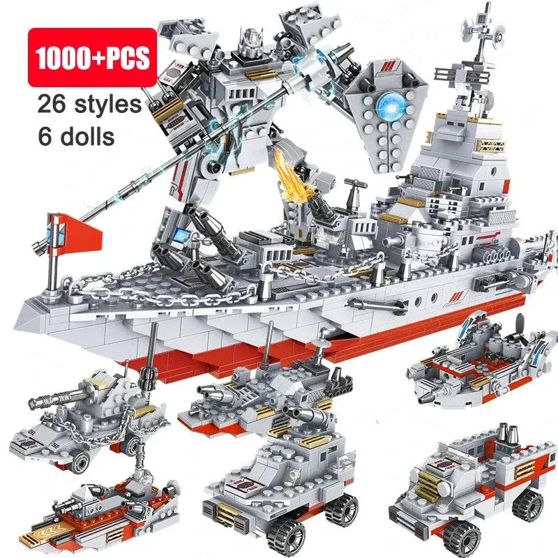 8 in 1 Army Ocean Cruiser Warship Building Blocks 1000pcs Set Aircraft Carrier Army Ship Transformer Bricks Toys for Children