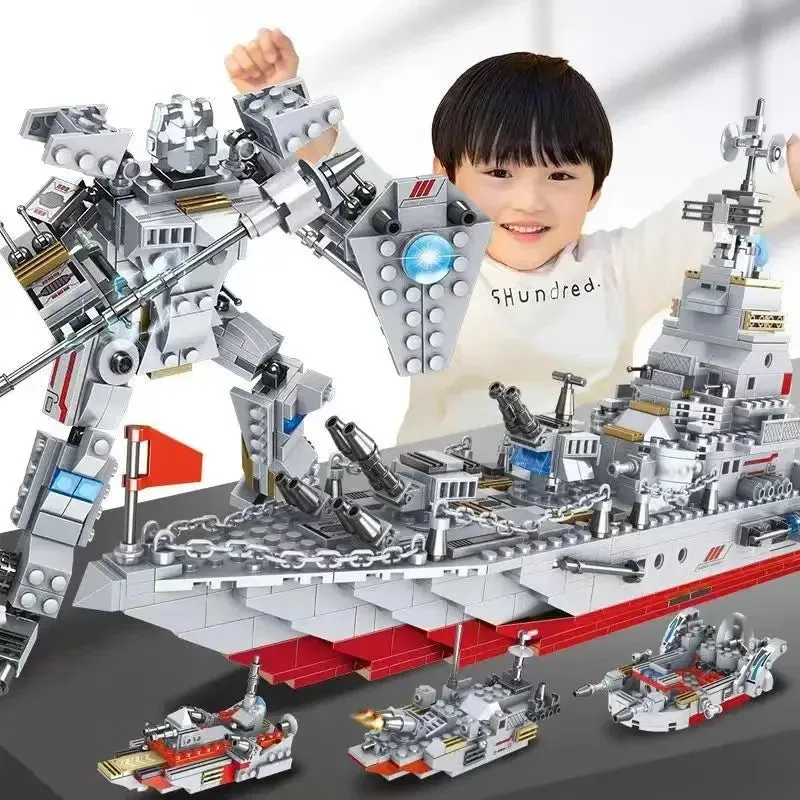 8 in 1 Army Ocean Cruiser Warship Building Blocks 1000pcs Set Aircraft Carrier Army Ship Transformer Bricks Toys for Children