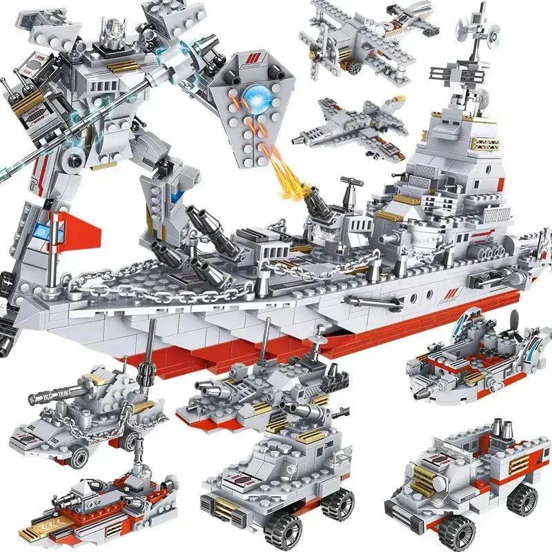 8 in 1 Army Ocean Cruiser Warship Building Blocks 1000pcs Set Aircraft Carrier Army Ship Transformer Bricks Toys for Children