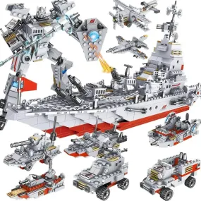 8 in 1 Army Ocean Cruiser Warship Building Blocks 1000pcs Set Aircraft Carrier Army Ship Transformer Bricks Toys for Children