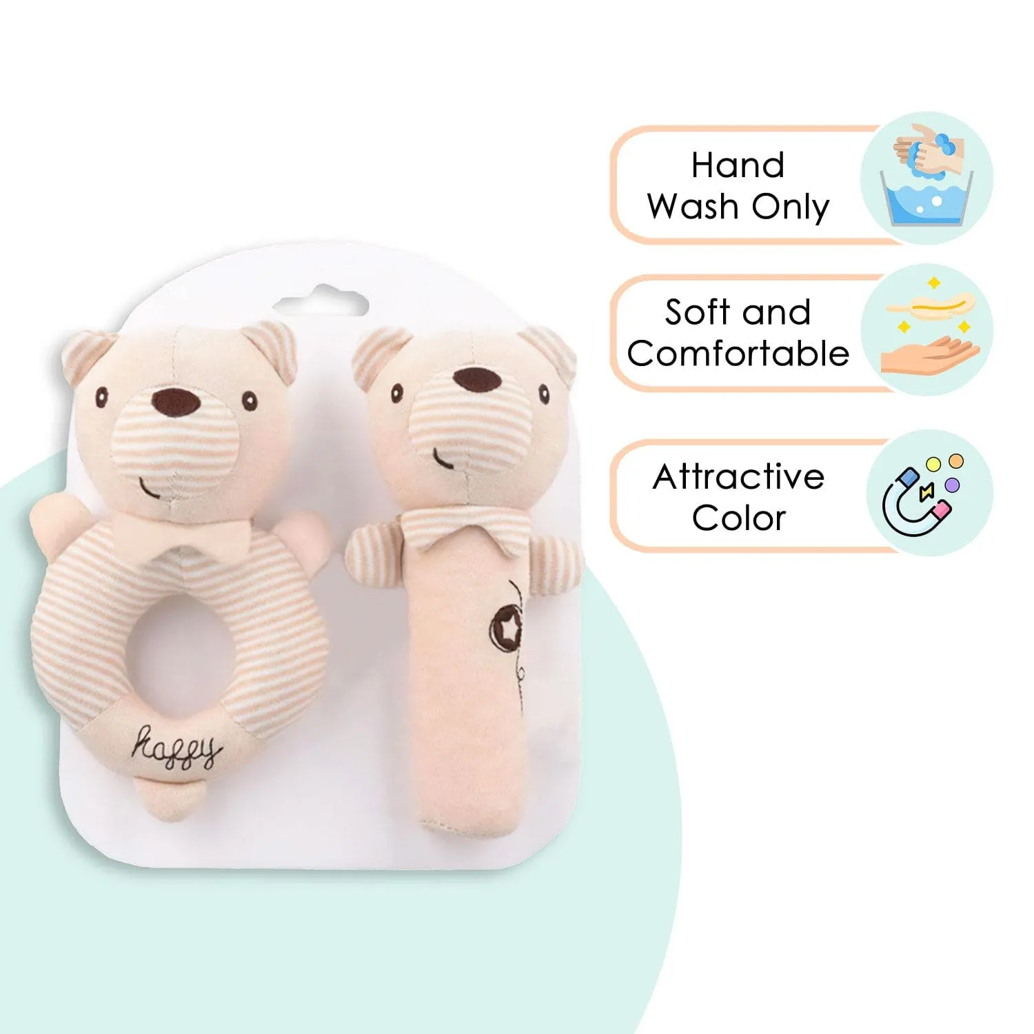 Baby Moo Snuggly Bear 2 Pack Squeaker Handheld Rattle Toy - Beige