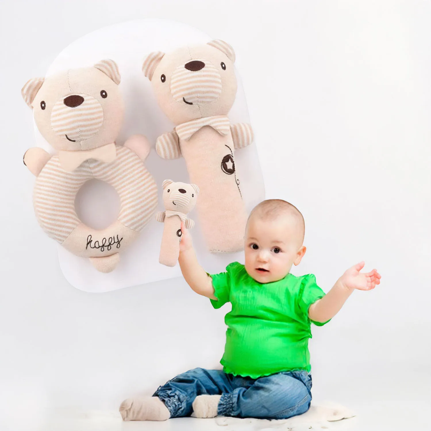 Baby Moo Snuggly Bear 2 Pack Squeaker Handheld Rattle Toy - Beige