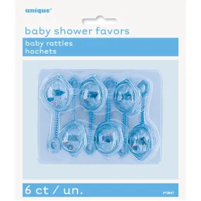 Baby Shower 6 Blue Plastic Baby Rattles 2.5in