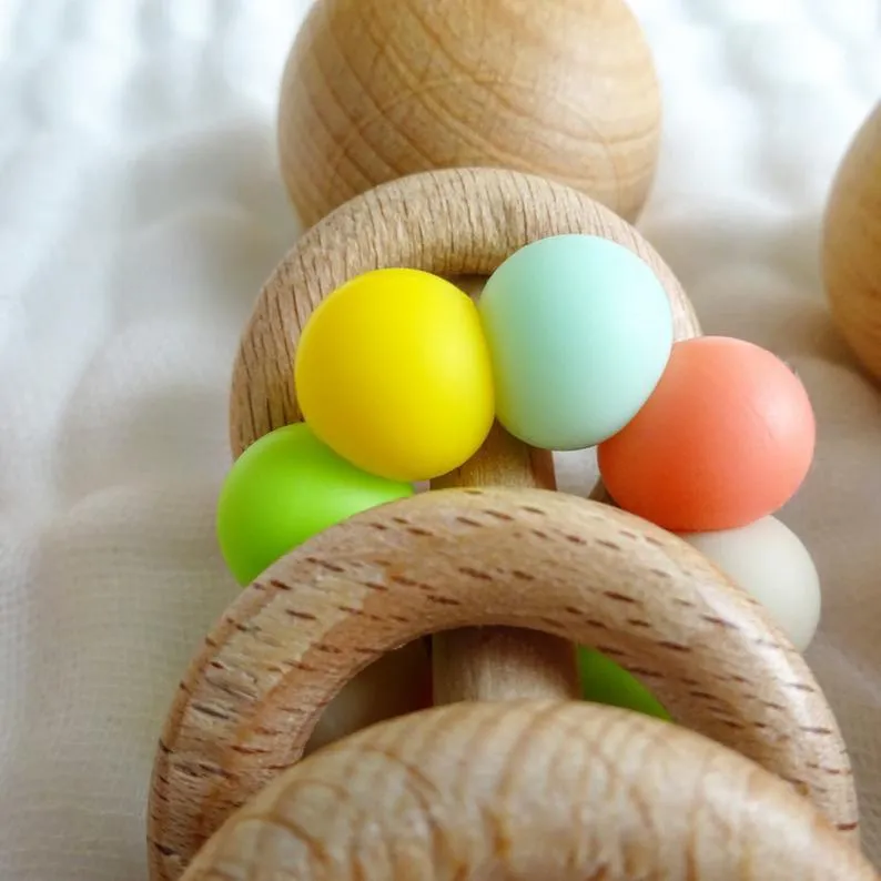 Baby Wooden Rattles, Raw Wooden Toys, Silicone Beads