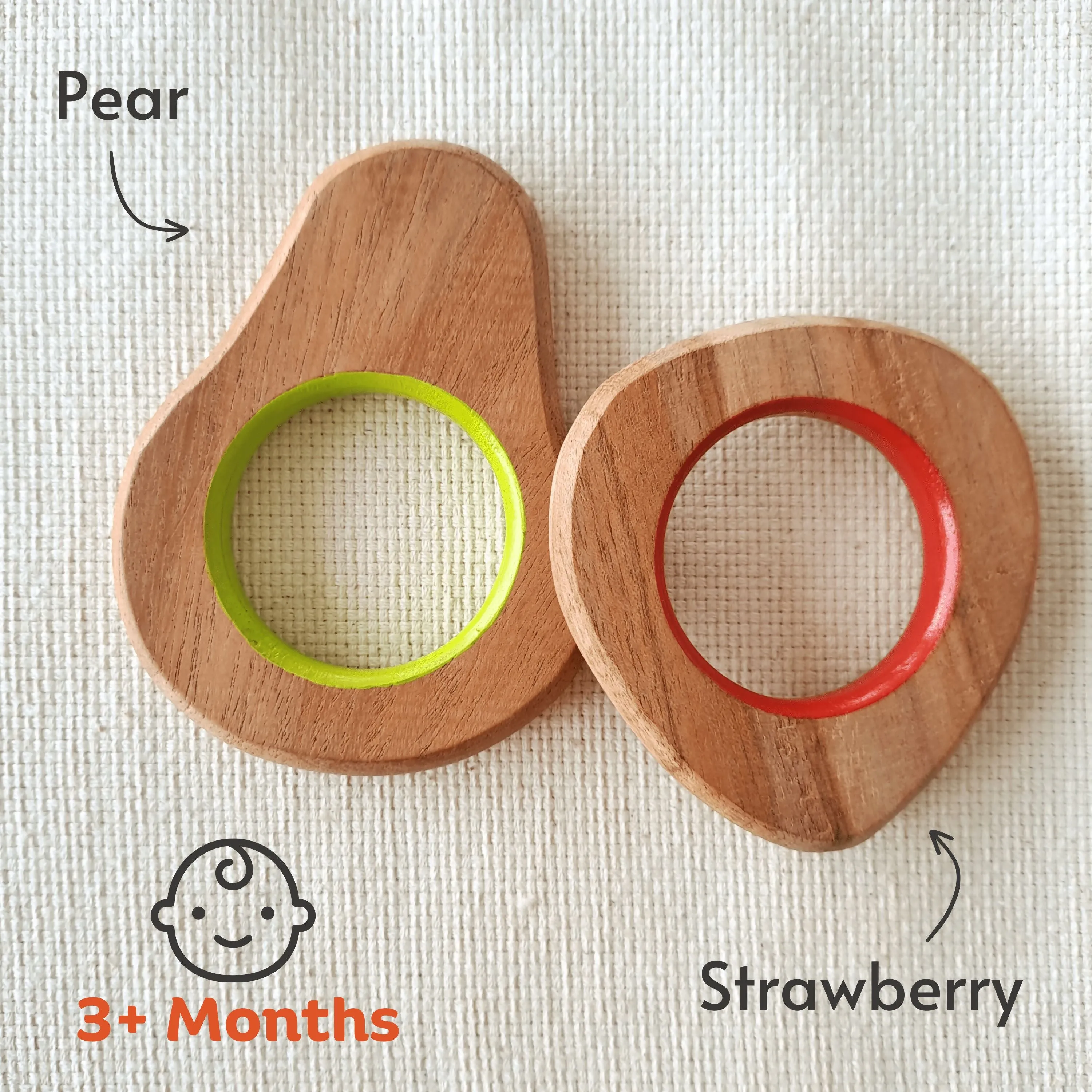BABYCOV Cute Pear and Strawberry Natural Neem Wood Teethers for Babies | Natural and Safe | Goodness of Organic Neem Wood | Both Chewing and Grasping Toy | Set of 2 (Age 4  Months)