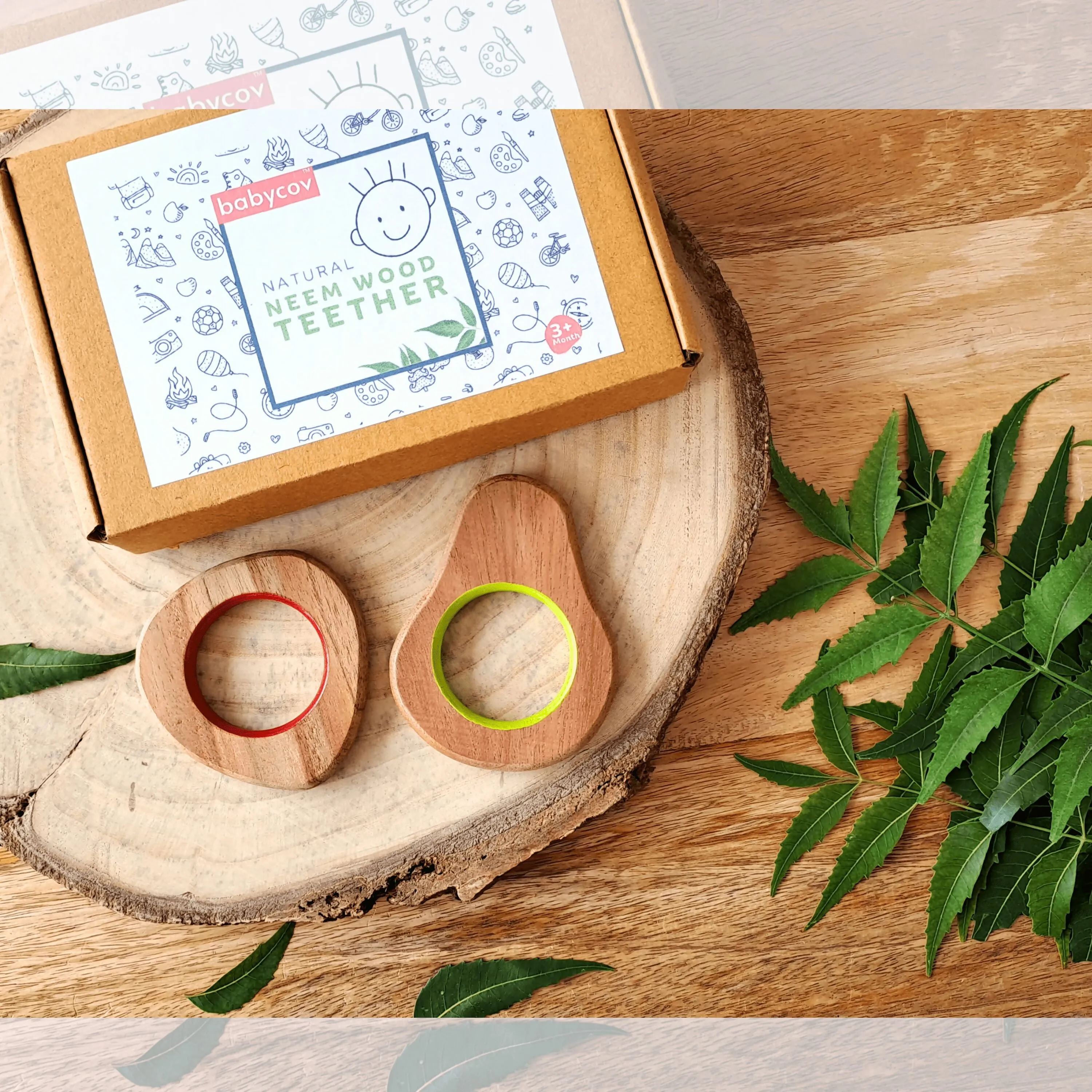 BABYCOV Cute Pear and Strawberry Natural Neem Wood Teethers for Babies | Natural and Safe | Goodness of Organic Neem Wood | Both Chewing and Grasping Toy | Set of 2 (Age 4  Months)