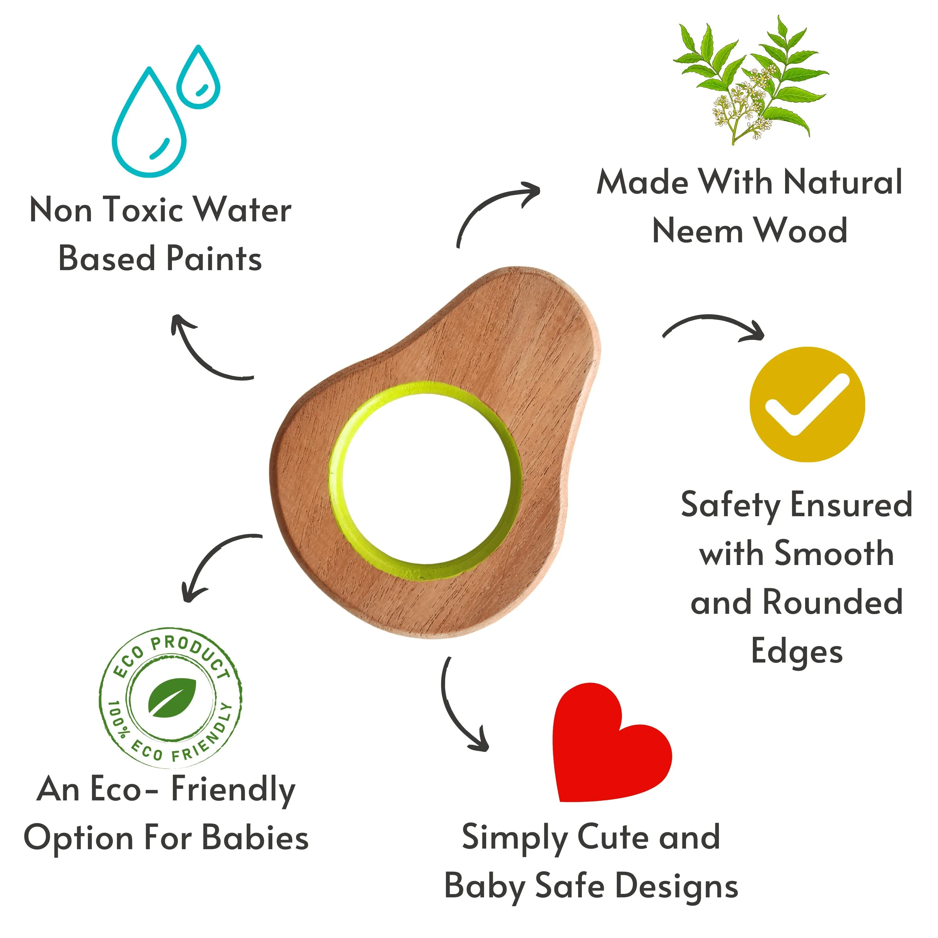 BABYCOV Cute Pear and Strawberry Natural Neem Wood Teethers for Babies | Natural and Safe | Goodness of Organic Neem Wood | Both Chewing and Grasping Toy | Set of 2 (Age 4  Months)