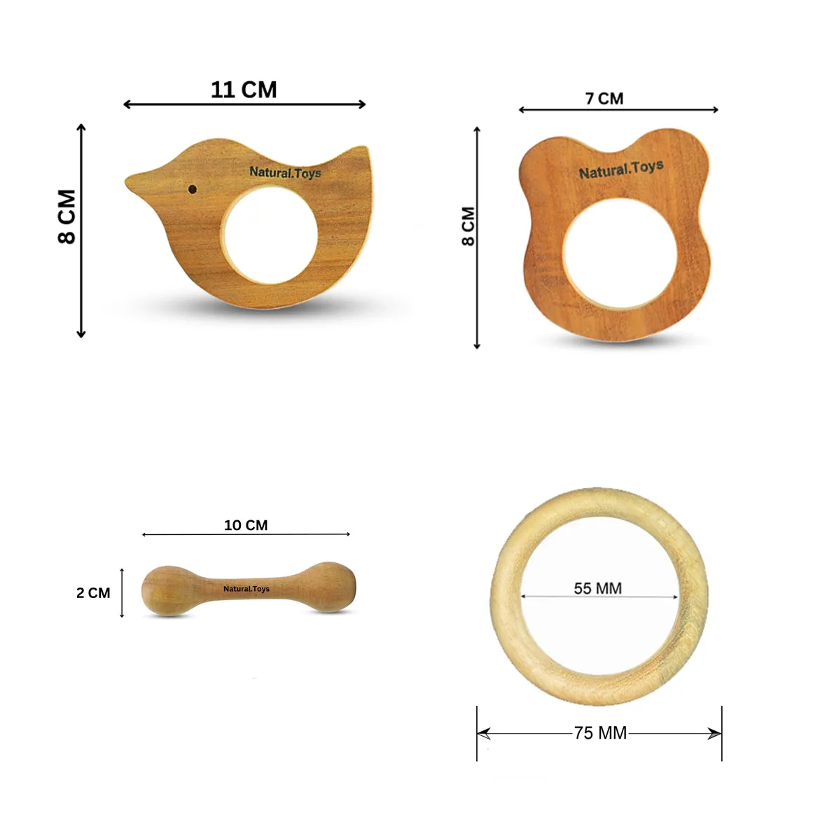 Buy Natural.Toys Neem Wood Teether Combo For Infant (Bear Teether   Bird Teether 75Mm Ring Teethers   2 Chusni Soother) Baby Teethers Set