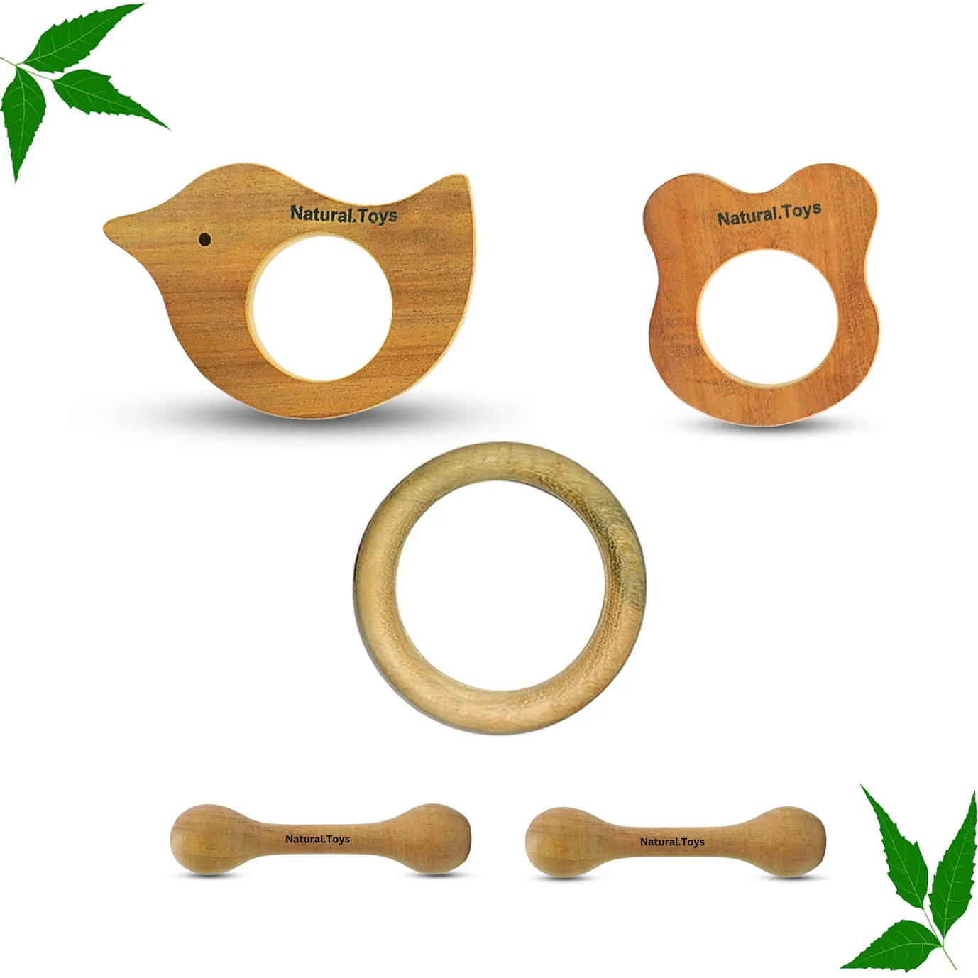 Buy Natural.Toys Neem Wood Teether Combo For Infant (Bear Teether   Bird Teether 75Mm Ring Teethers   2 Chusni Soother) Baby Teethers Set