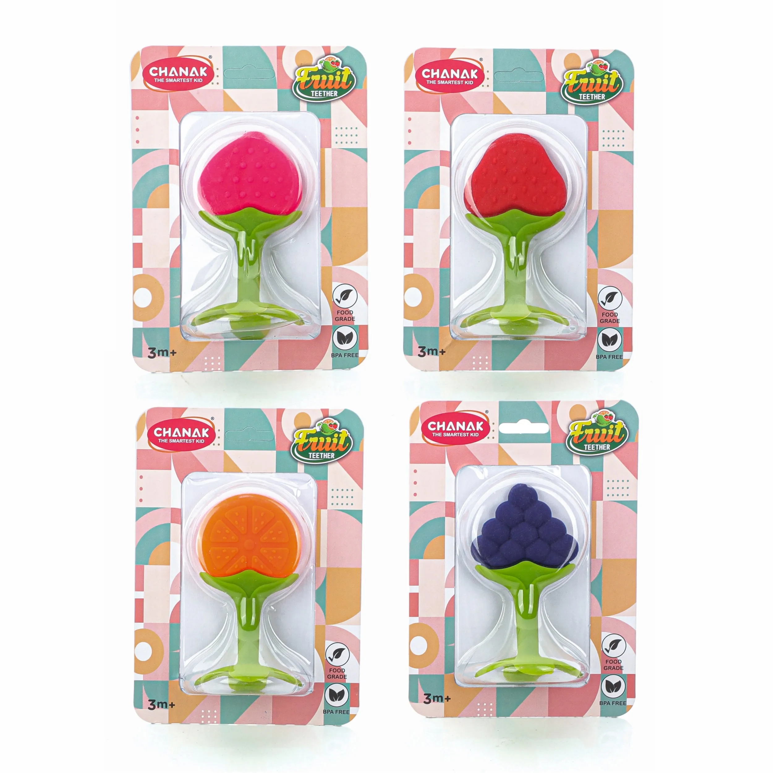 Chanak Baby Silicone Fruit Teether for Toddlers (Orange, Red, Blue & Pink)