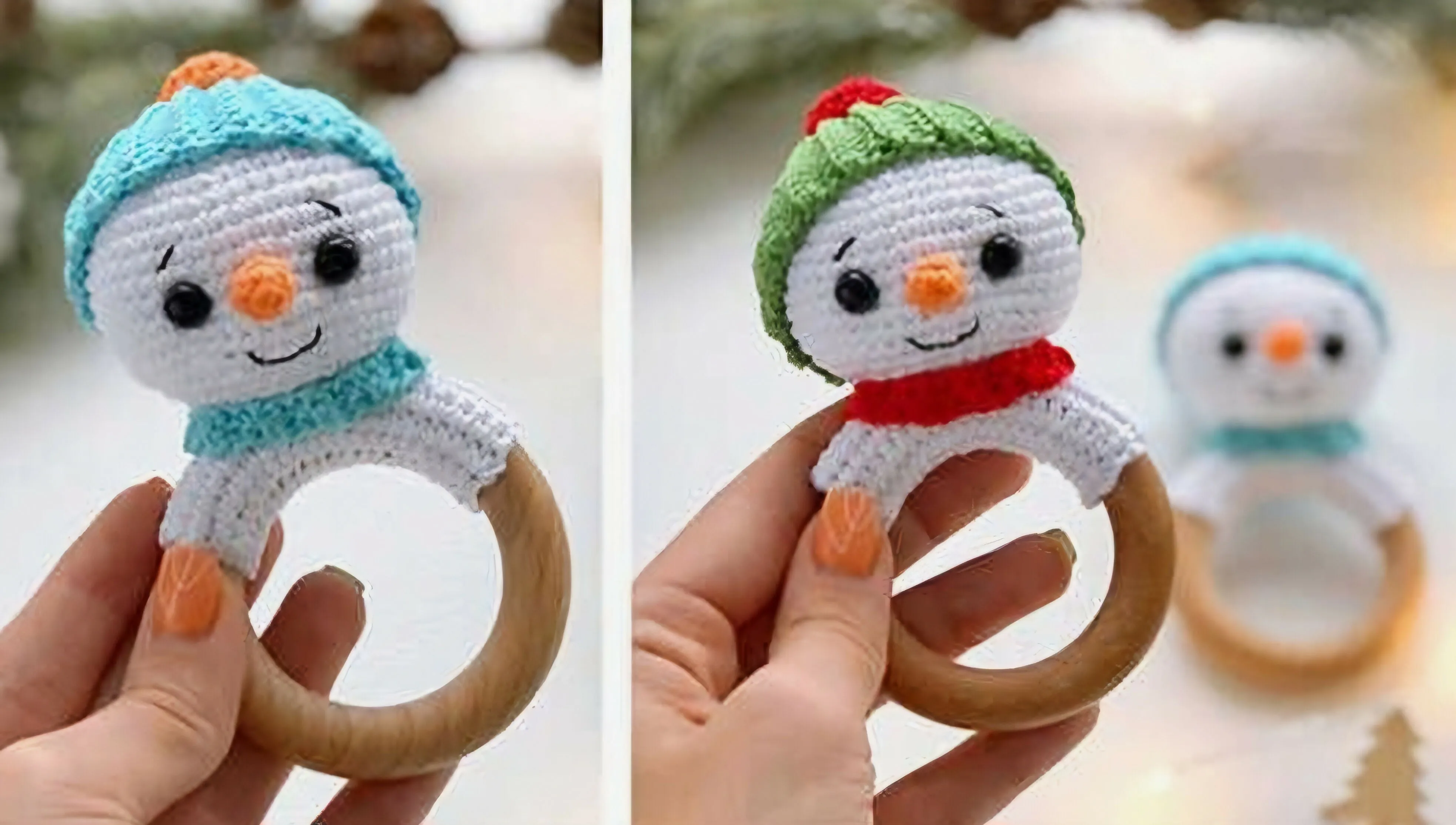 Crochet snowman baby rattle/hand made baby teether