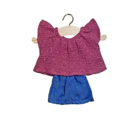 Minikane amigas Mazarine outfit in Raspberry embroidered cotton and its Denim skirt with dots