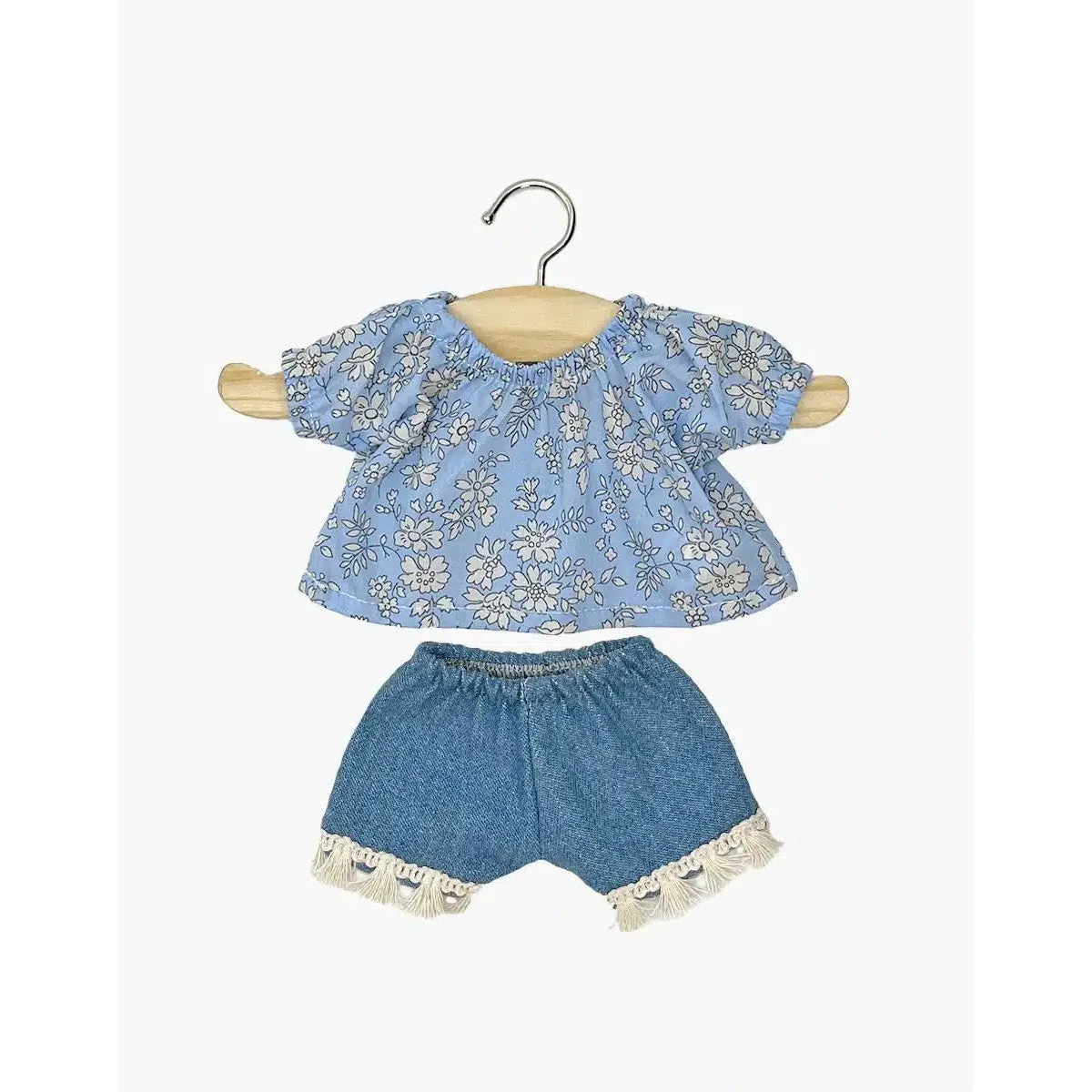 Minikane amigas Rosalie top blouse set in blue Liberty cotton gauze and denim shorts with fringes