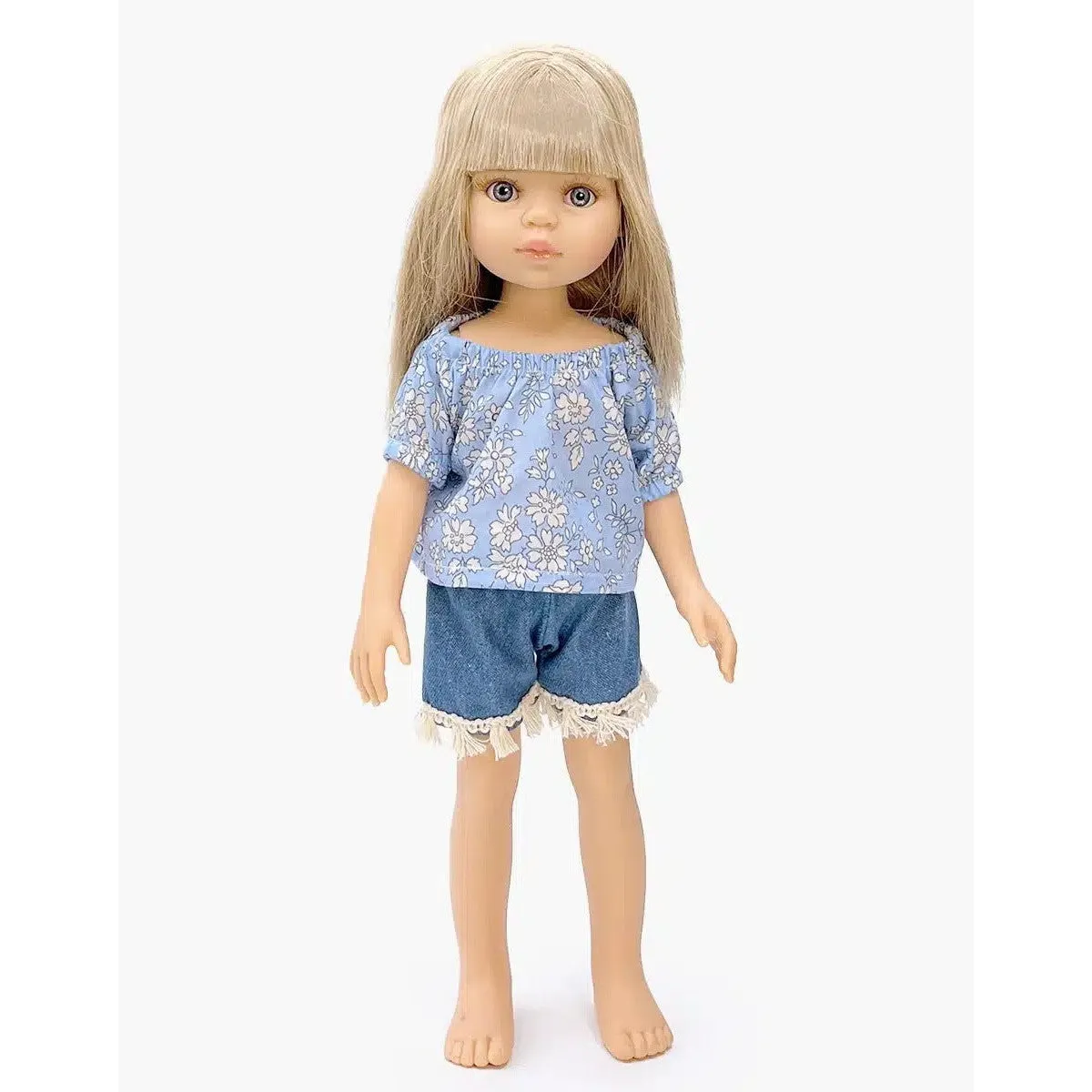 Minikane amigas Rosalie top blouse set in blue Liberty cotton gauze and denim shorts with fringes