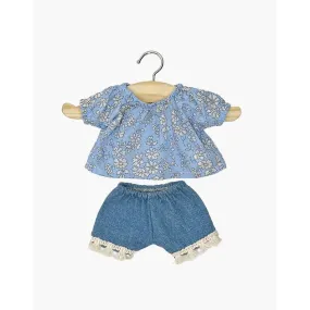 Minikane amigas Rosalie top blouse set in blue Liberty cotton gauze and denim shorts with fringes