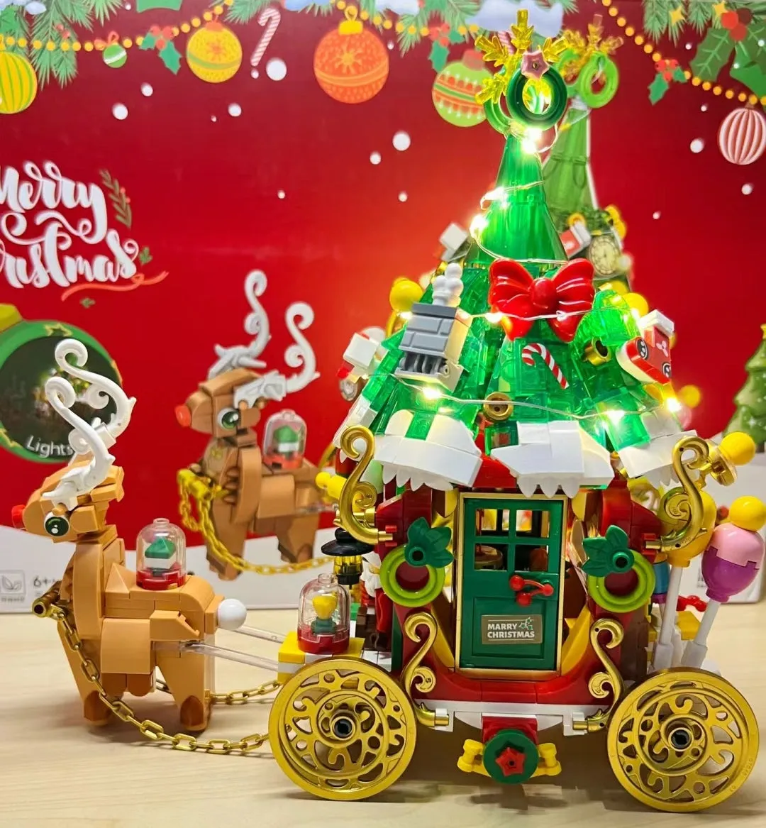 Panlos Blocks Kids Building Bricks Toys Puzzle Girls Christmas Elk Cart Girls Boys Gift with Lighting 601012