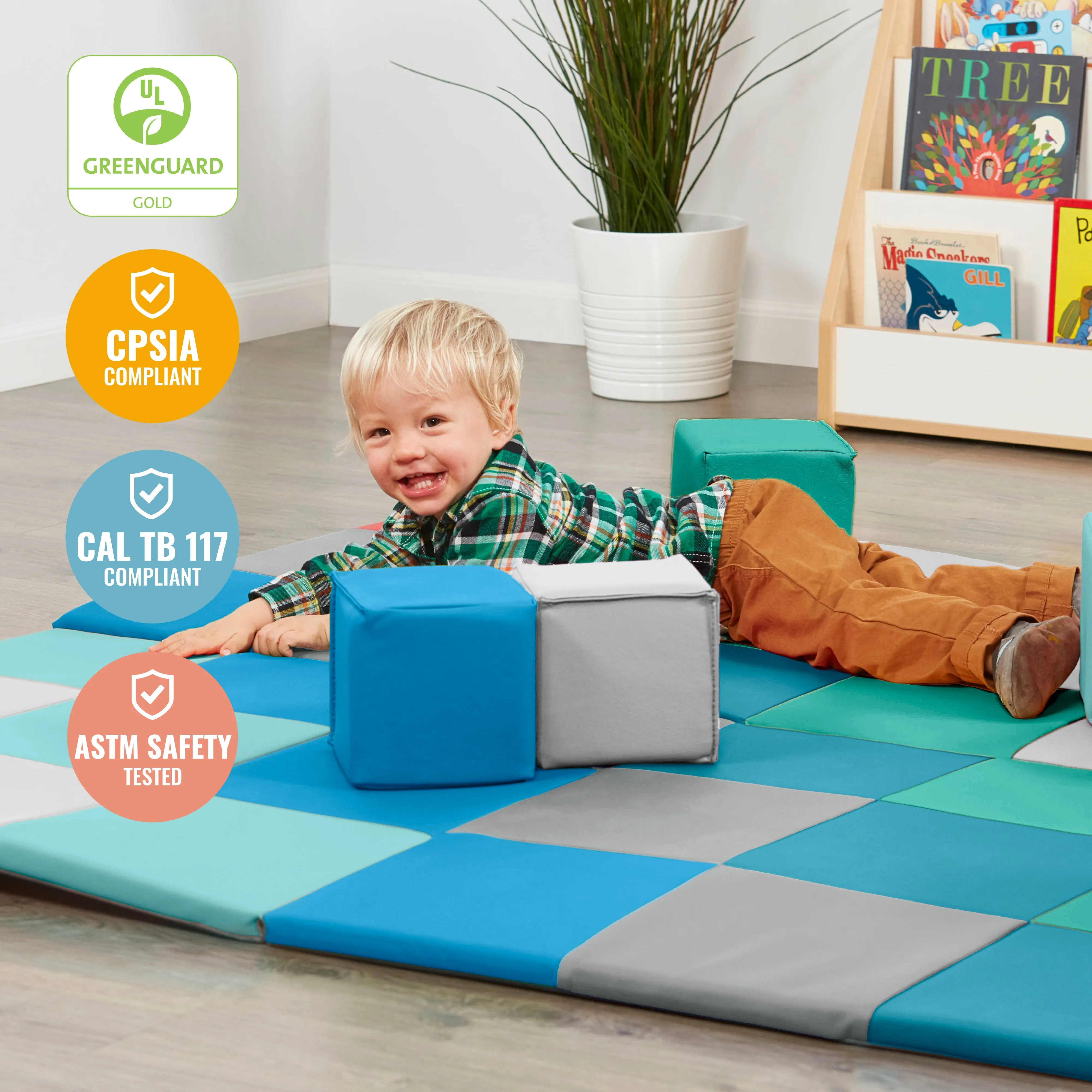 Patchwork Toddler Activity Mat and 12 Stacking Block Set, Tummy Time Foam Pad and Building Blocks