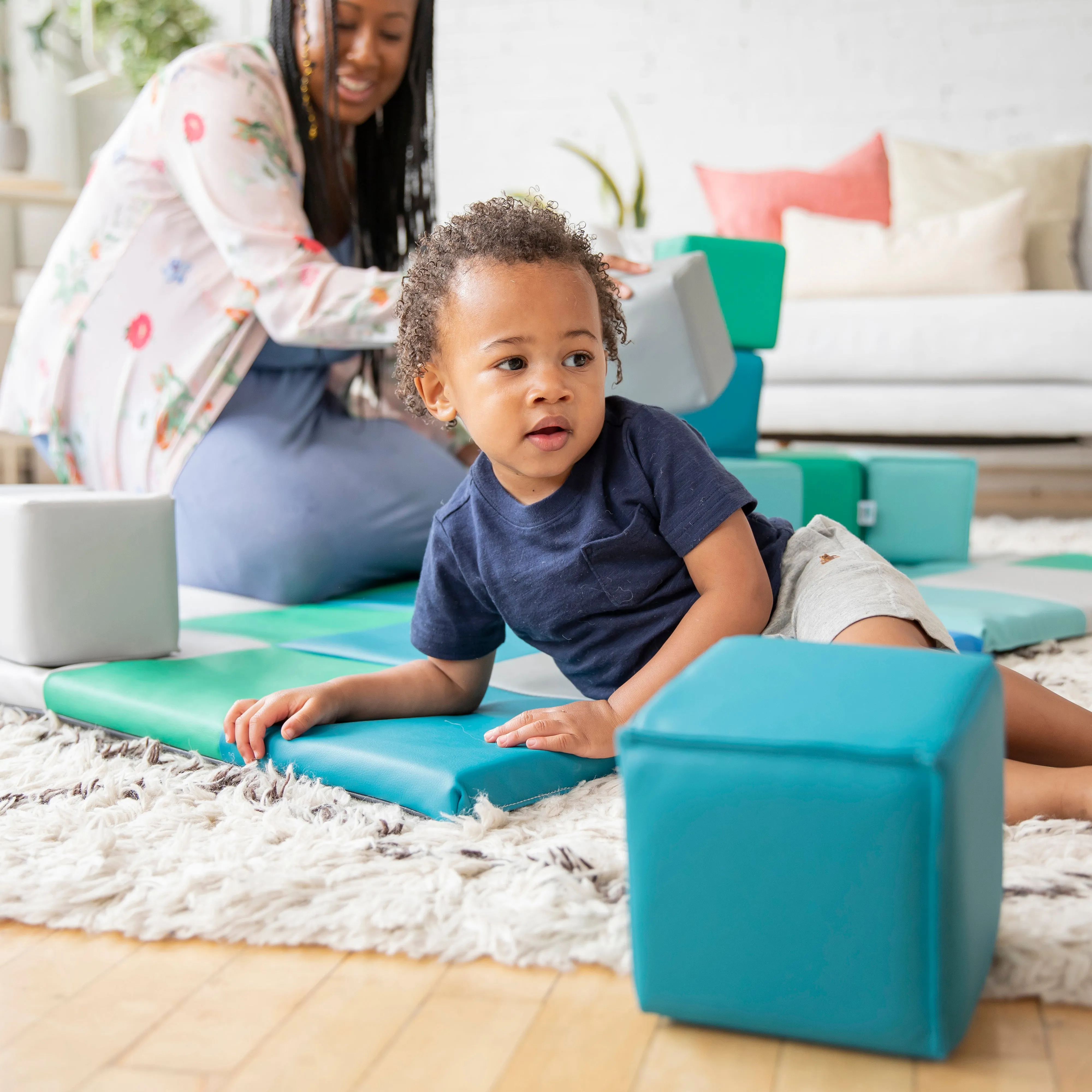 Patchwork Toddler Activity Mat and 12 Stacking Block Set, Tummy Time Foam Pad and Building Blocks