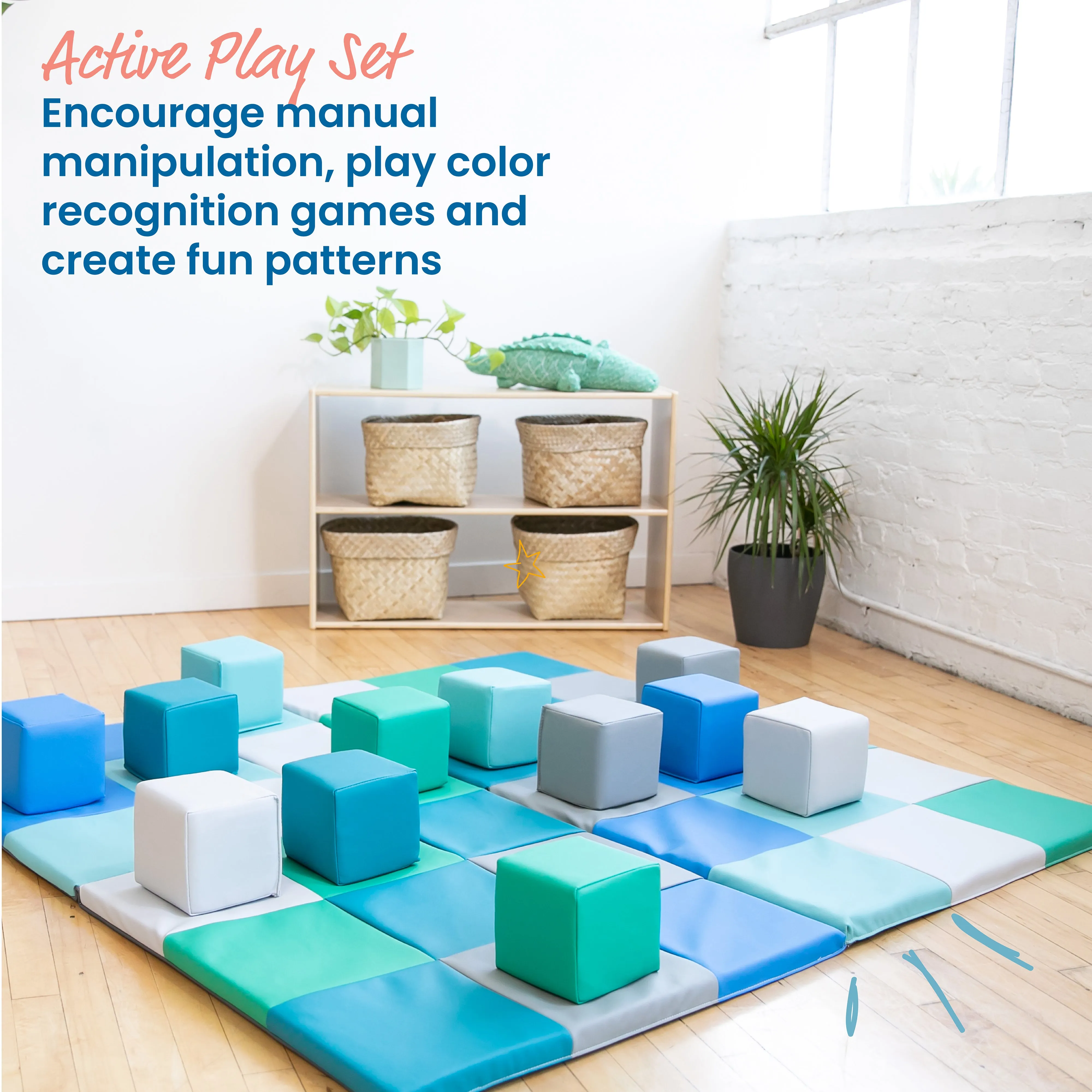 Patchwork Toddler Activity Mat and 12 Stacking Block Set, Tummy Time Foam Pad and Building Blocks