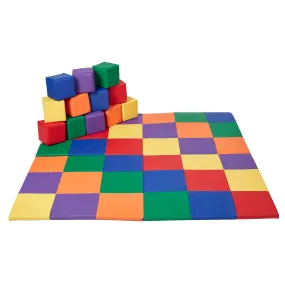 Patchwork Toddler Activity Mat and 12 Stacking Block Set, Tummy Time Foam Pad and Building Blocks