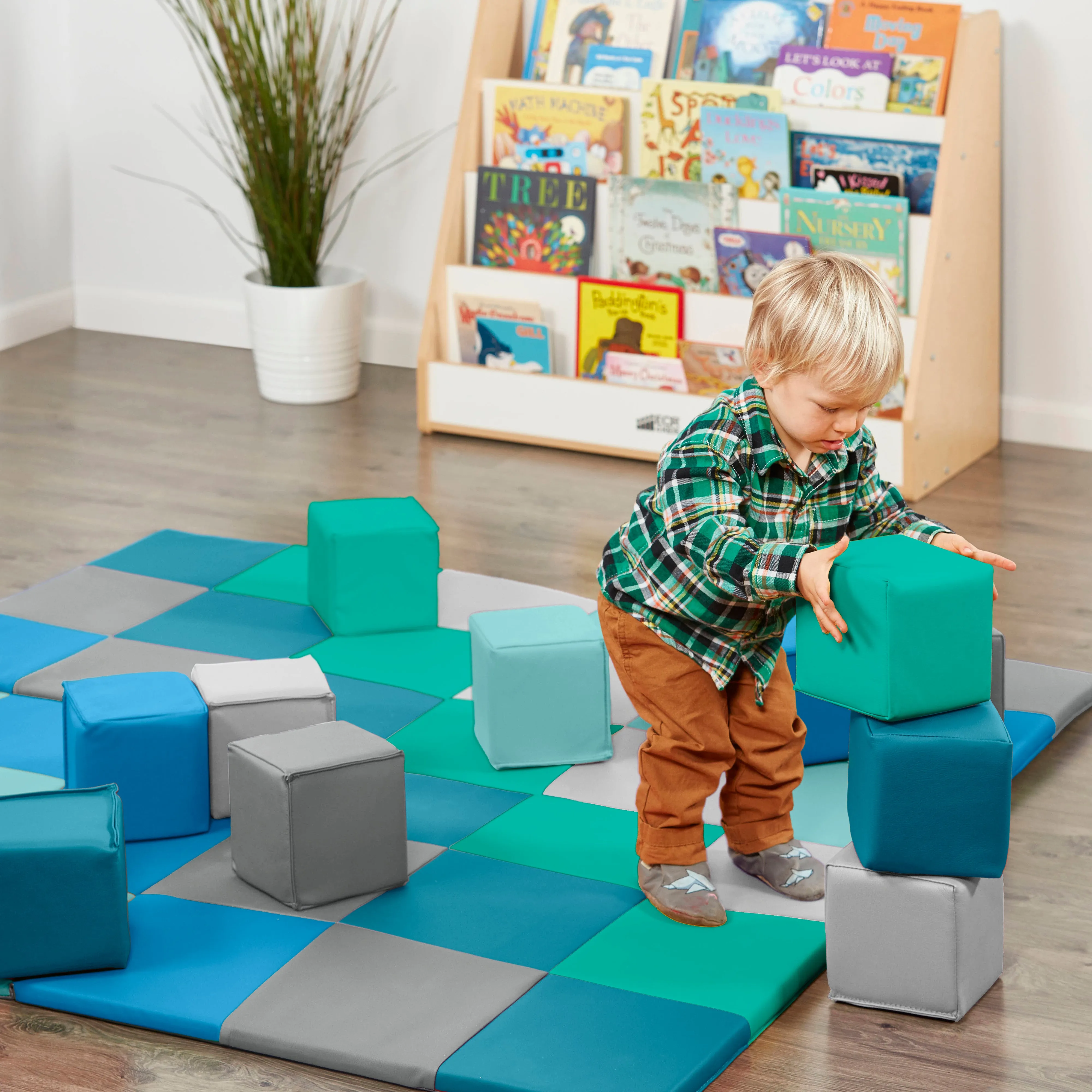 Patchwork Toddler Activity Mat and 12 Stacking Block Set, Tummy Time Foam Pad and Building Blocks