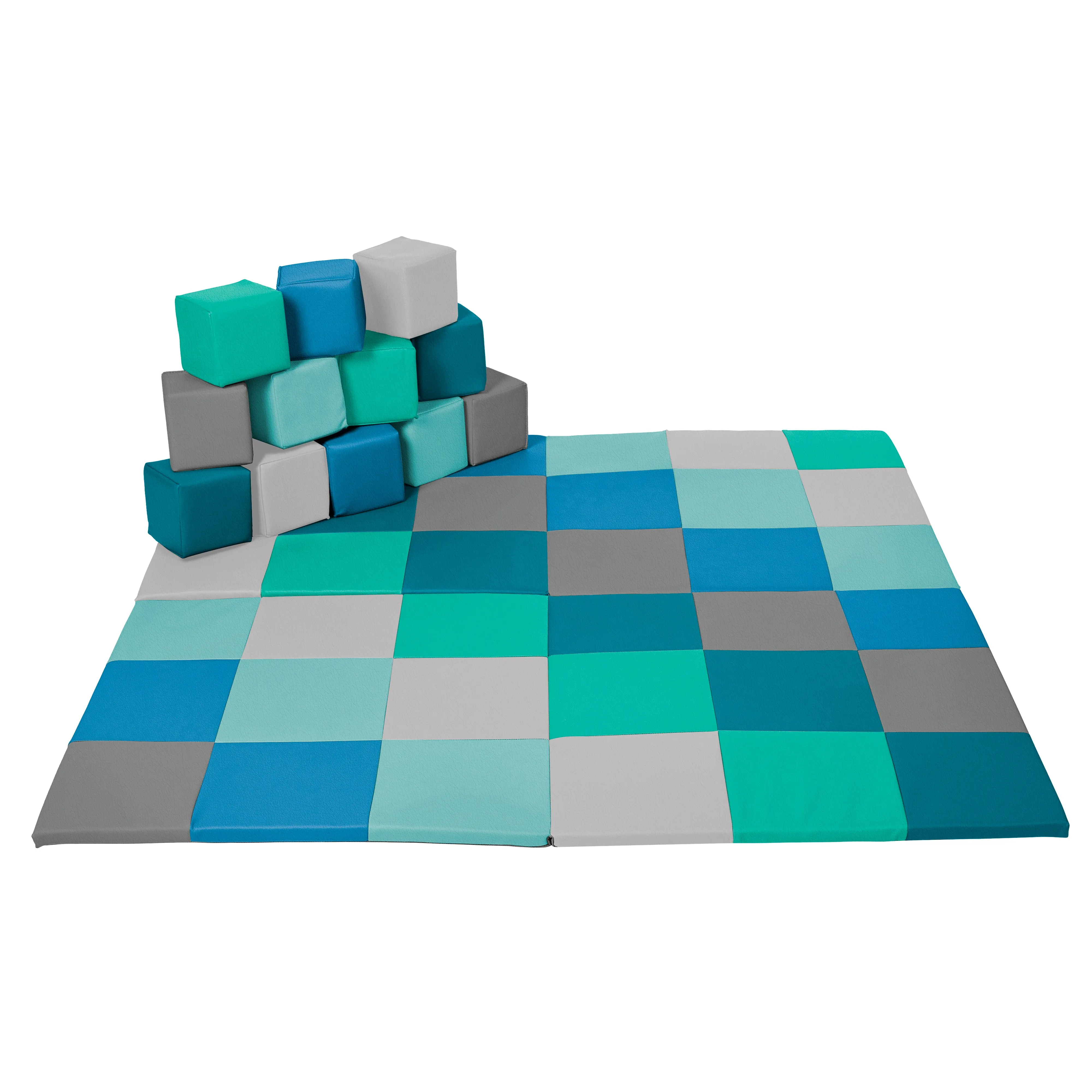 Patchwork Toddler Activity Mat and 12 Stacking Block Set, Tummy Time Foam Pad and Building Blocks