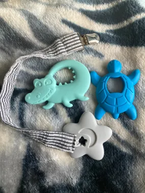 Teething toys w/ strap Alligator turtle star - size