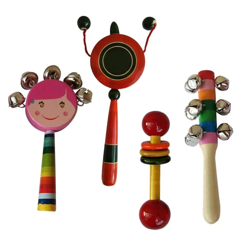 Wooden rattles toys for  Kids set of 4 pcs - multicolor