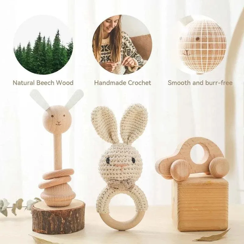 Woodland Friends Crochet and Wood Rattle Set