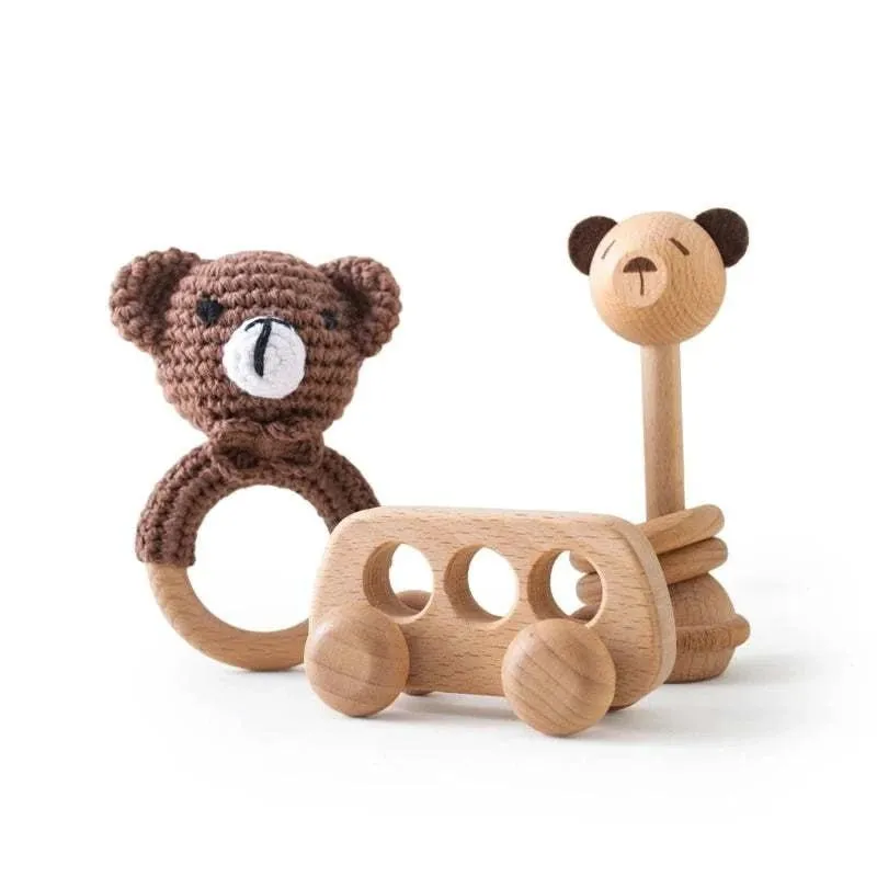 Woodland Friends Crochet and Wood Rattle Set